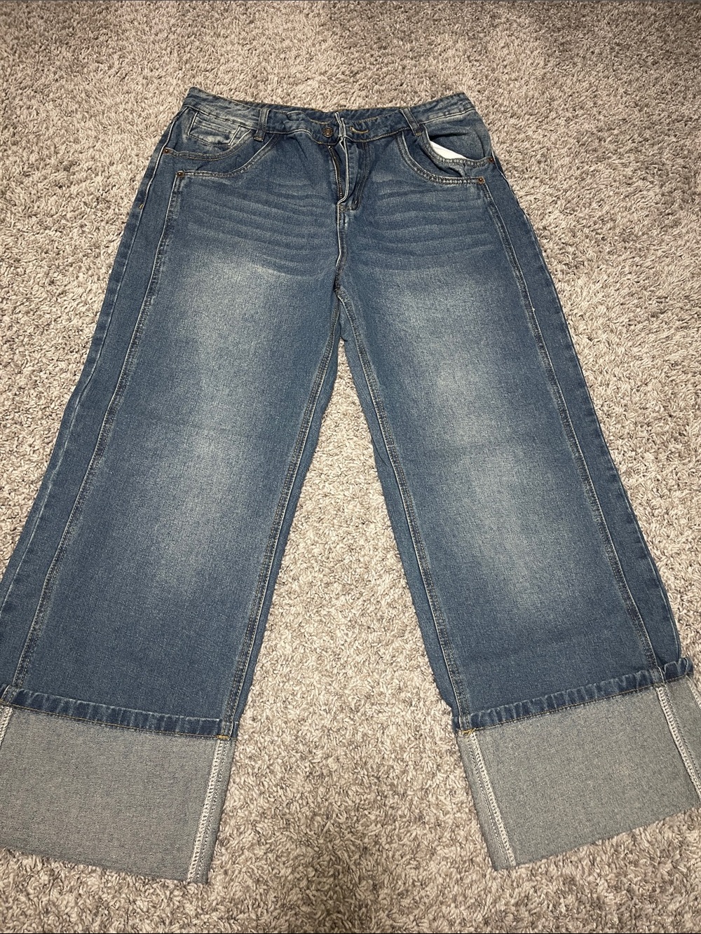 Amazon Women's Wide Leg Cuffed Jeans - Blue Denim